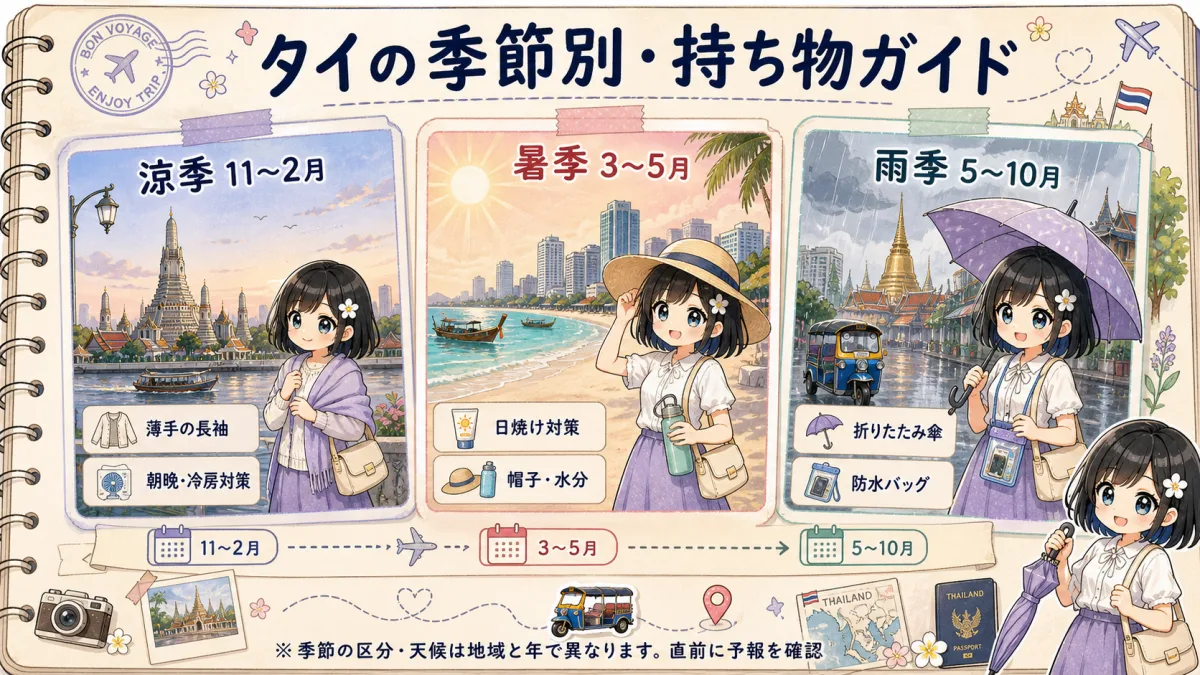 タイの涼季・暑季・雨季ごとに必要な持ち物を示した図