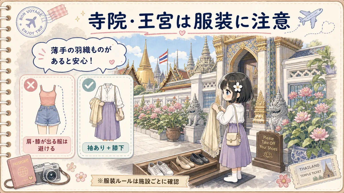 タイの寺院と王宮で肩と膝を覆う服装を案内するTofuMaruちゃん