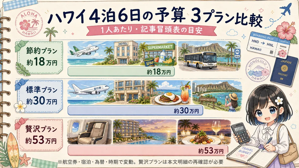 ハワイ4泊6日の節約・標準・贅沢の3つの予算プラン比較