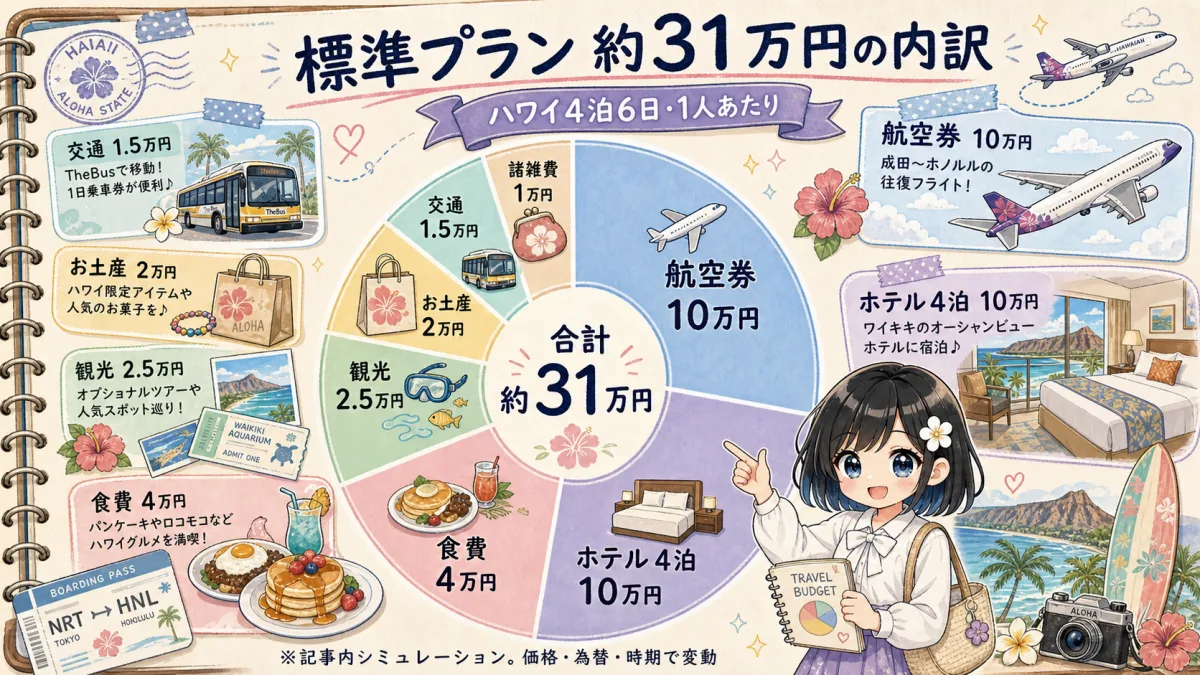 ハワイ4泊6日標準プラン約31万円の費用内訳