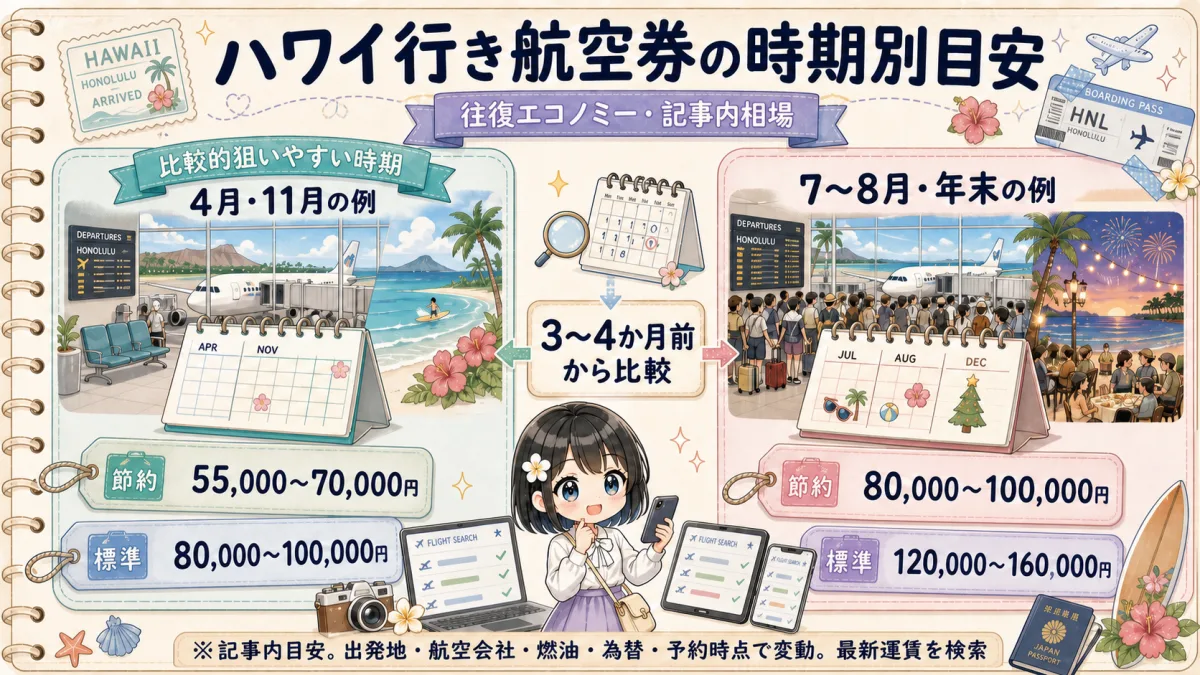 ハワイ行き往復エコノミー航空券の時期別目安