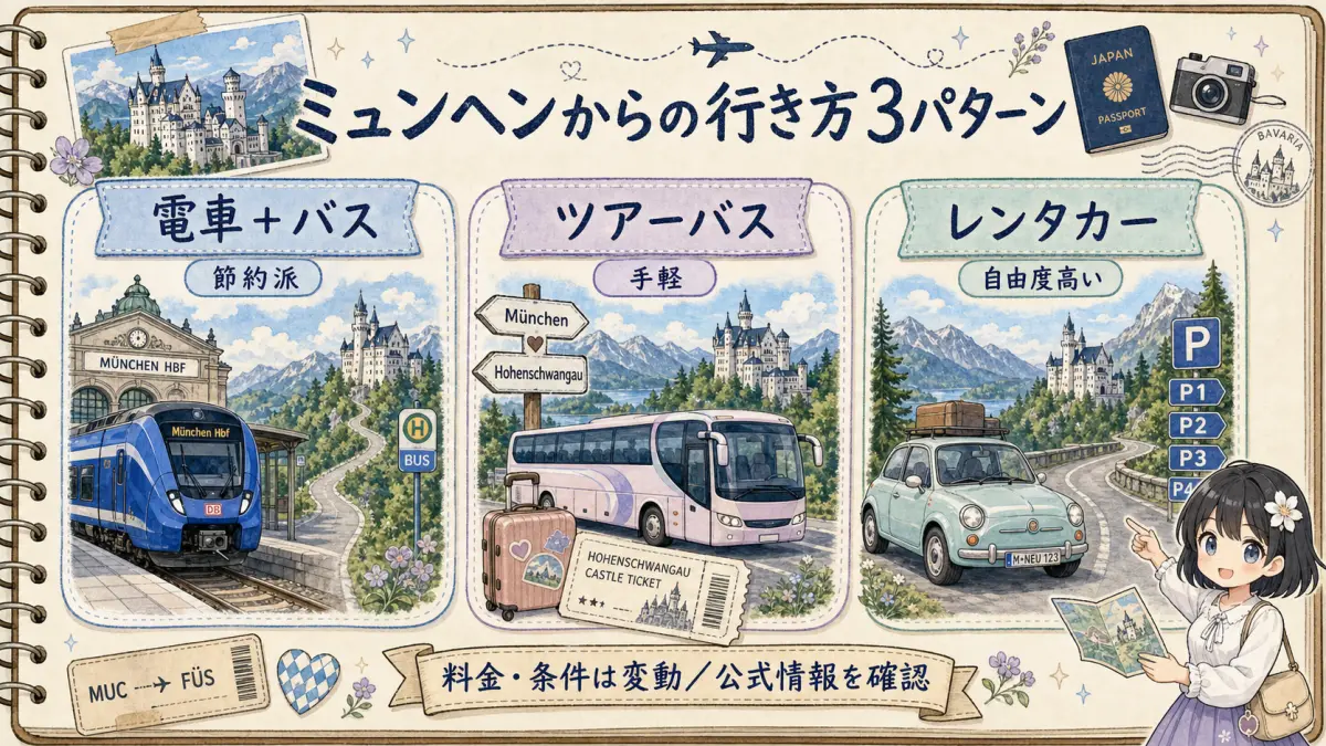 ミュンヘンからノイシュヴァンシュタイン城への行き方3パターン比較図