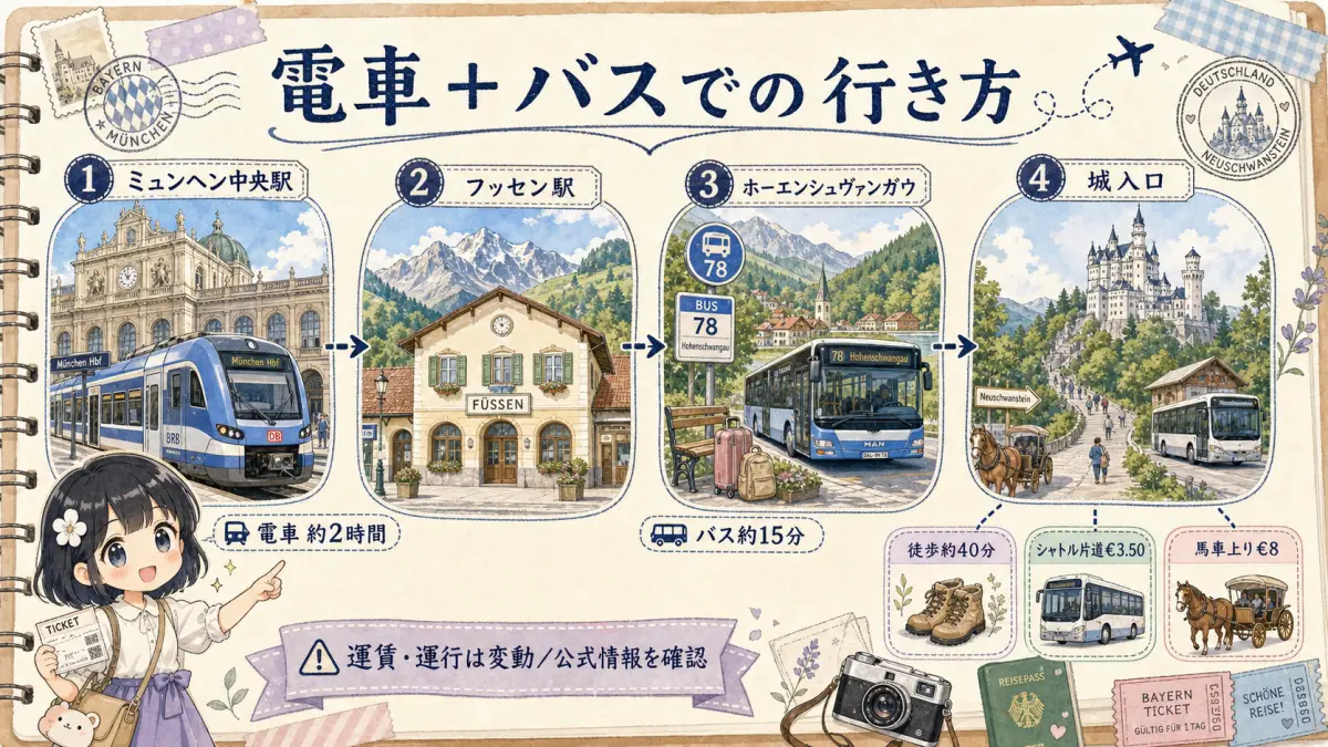 ミュンヘン中央駅からフッセン経由でノイシュヴァンシュタイン城へ行く電車とバスのルート図