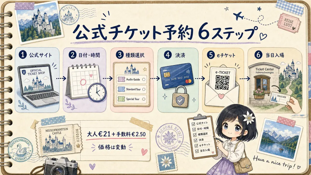 ノイシュヴァンシュタイン城の公式チケット予約6ステップ図