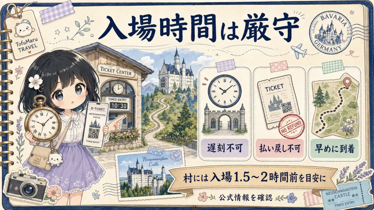ノイシュヴァンシュタイン城の入場時間厳守を案内するTofuMaruちゃんの注意イラスト