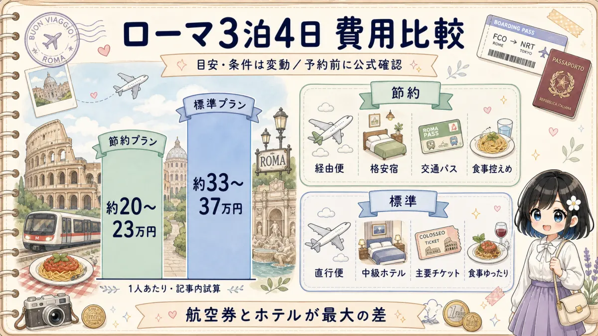 ローマ旅行3泊4日の節約プランと標準プランの費用総額を比較した旅行ノート風図解