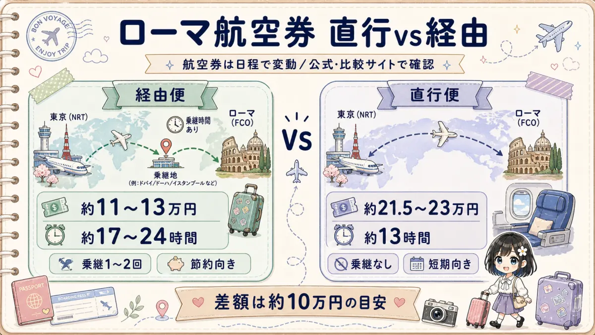 東京からローマへの直行便と経由便の費用と所要時間を比較した図
