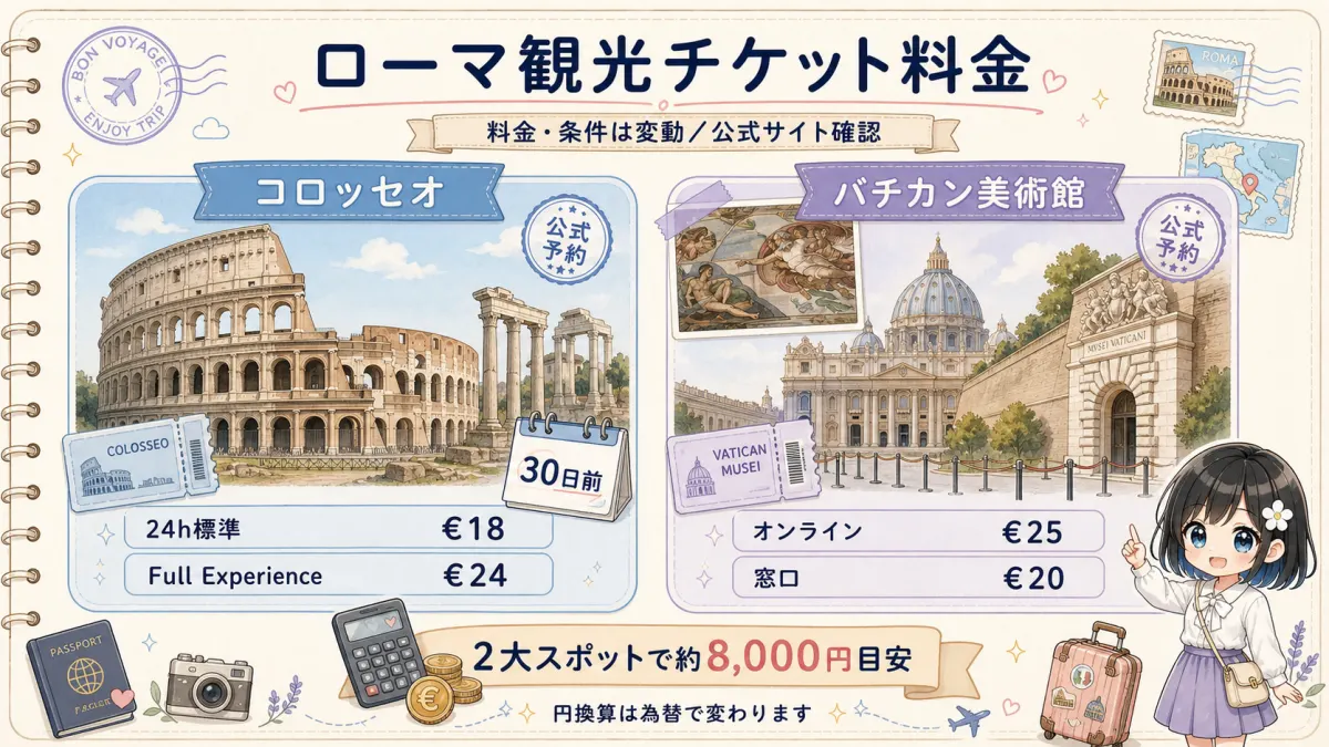 コロッセオとバチカン美術館の公式チケット料金を比較した旅行ノート風図解
