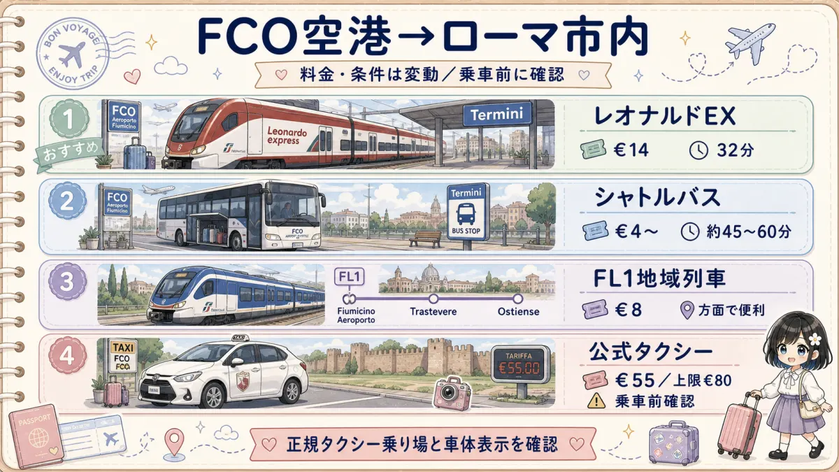 フィウミチーノ空港からローマ市内への電車・バス・タクシー移動手段を比較した図