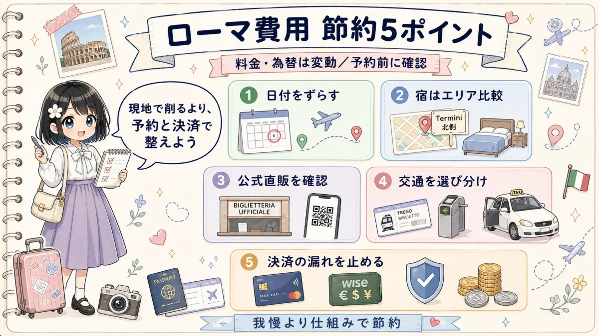 ローマ旅行の費用節約ポイントをTofuMaruちゃんが案内するイラスト