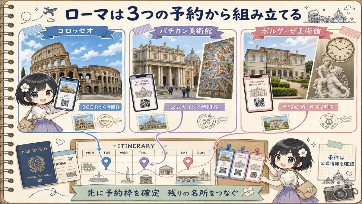 コロッセオ・バチカン美術館・ボルゲーゼ美術館の予約を先に決めるローマ旅程図