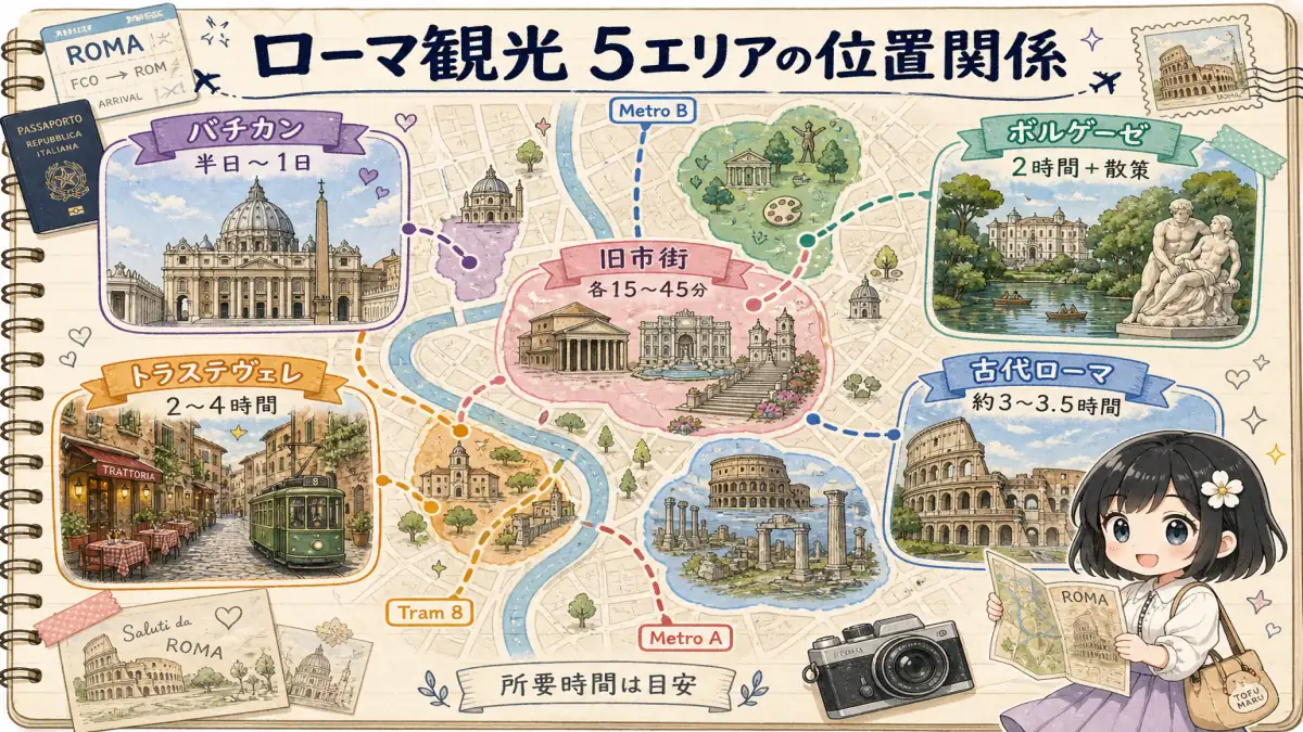 古代ローマ・バチカン・旧市街・トラステヴェレ・ボルゲーゼの位置関係と所要時間