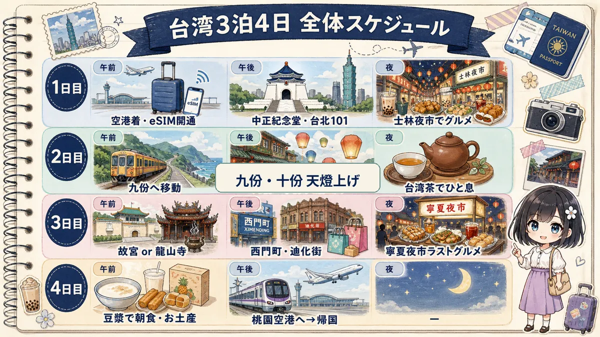 台湾3泊4日の旅程を1日目から4日目まで示したスケジュール図