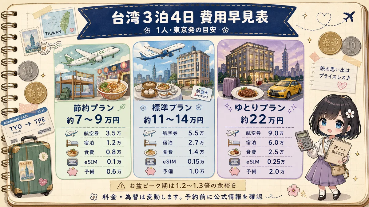 台湾旅行3泊4日の節約・標準・ゆとりプラン別費用比較図