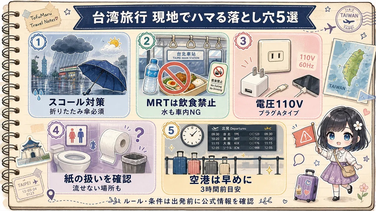 台湾旅行で失敗しないための注意点5選のアイコン図解