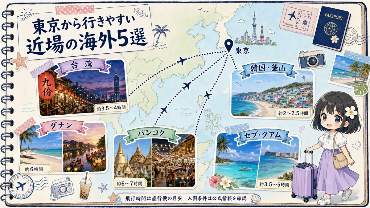東京から台湾・釜山・ダナン・バンコク・セブグアムへの飛行時間を示す近場海外マップ