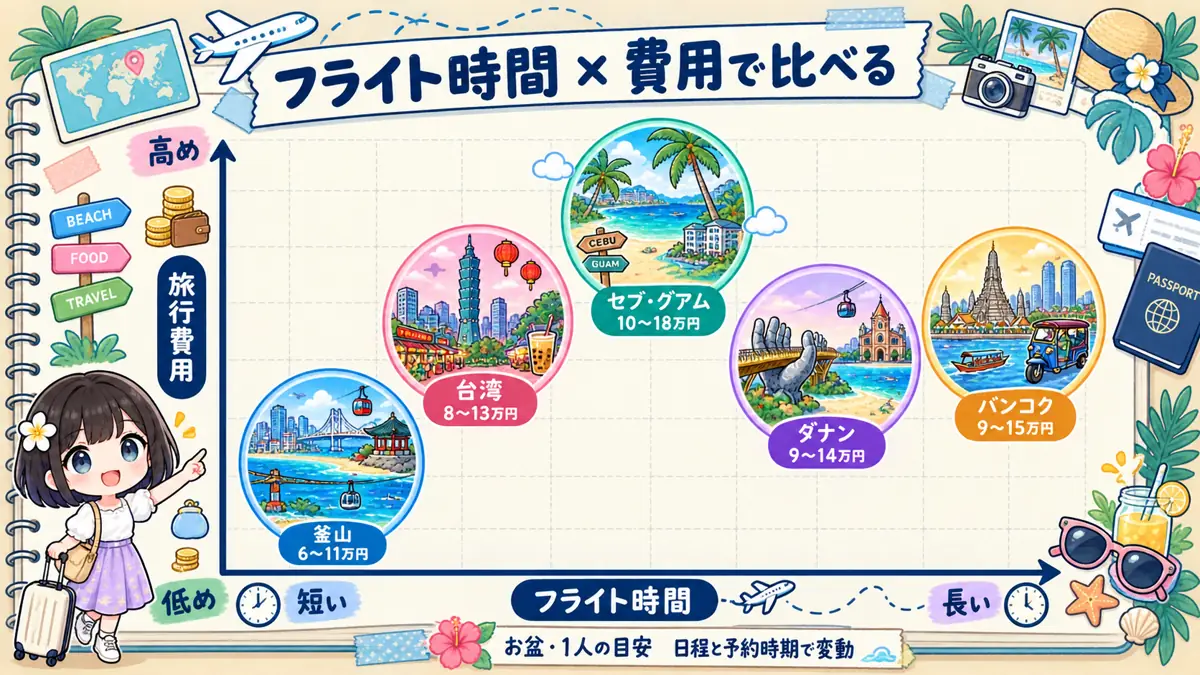 お盆の近場海外5方面をフライト時間と1人あたり旅行費用で比べた散布図