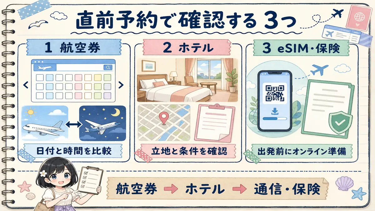 航空券・ホテル・eSIM保険を直前予約するときに確認する3項目
