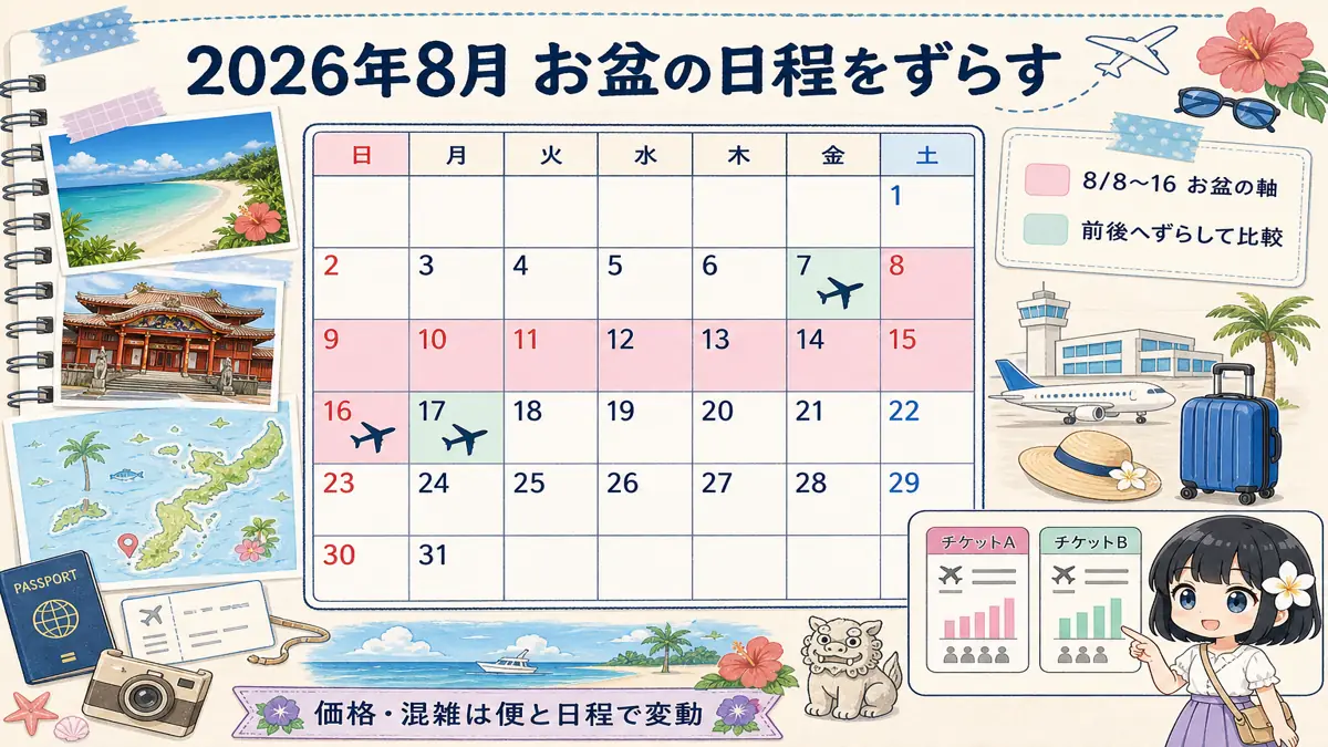 2026年8月8日から16日のお盆期間と前後の日程を比較するカレンダー