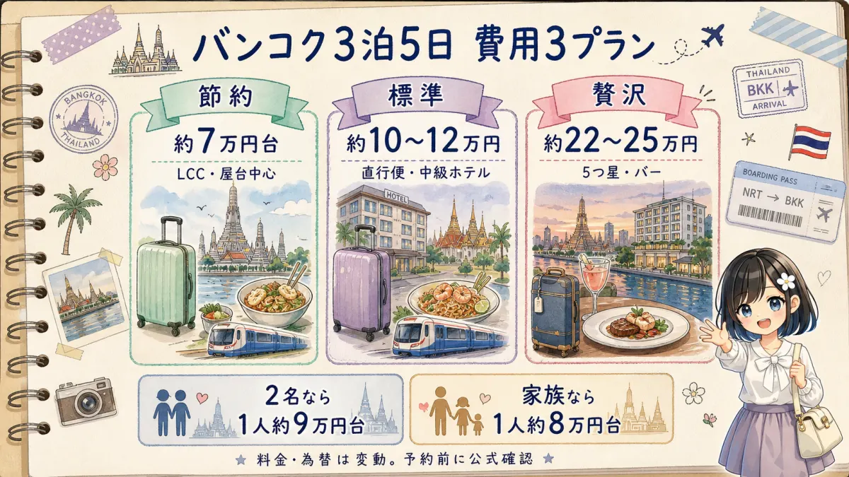 バンコク旅行3泊5日の節約・標準・贅沢プラン別の総額と人数別費用比較図