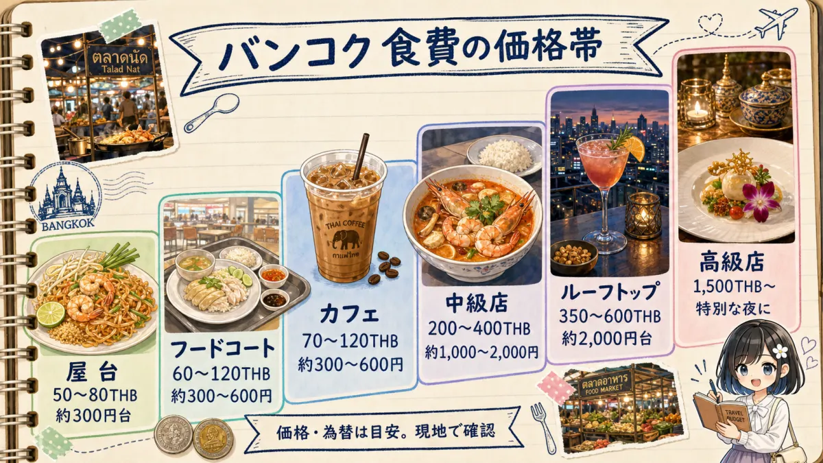 バンコクの屋台からルーフトップバーまでの食事・飲み物価格帯一覧図