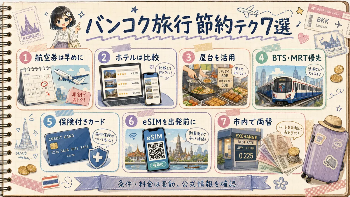 バンコク旅行費用を安くする7つの節約テクニックをまとめたグリッド図