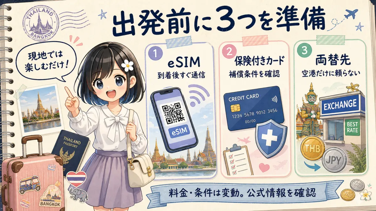 eSIM・保険・両替の出発前準備3点を案内するTofuMaruちゃんのイラスト