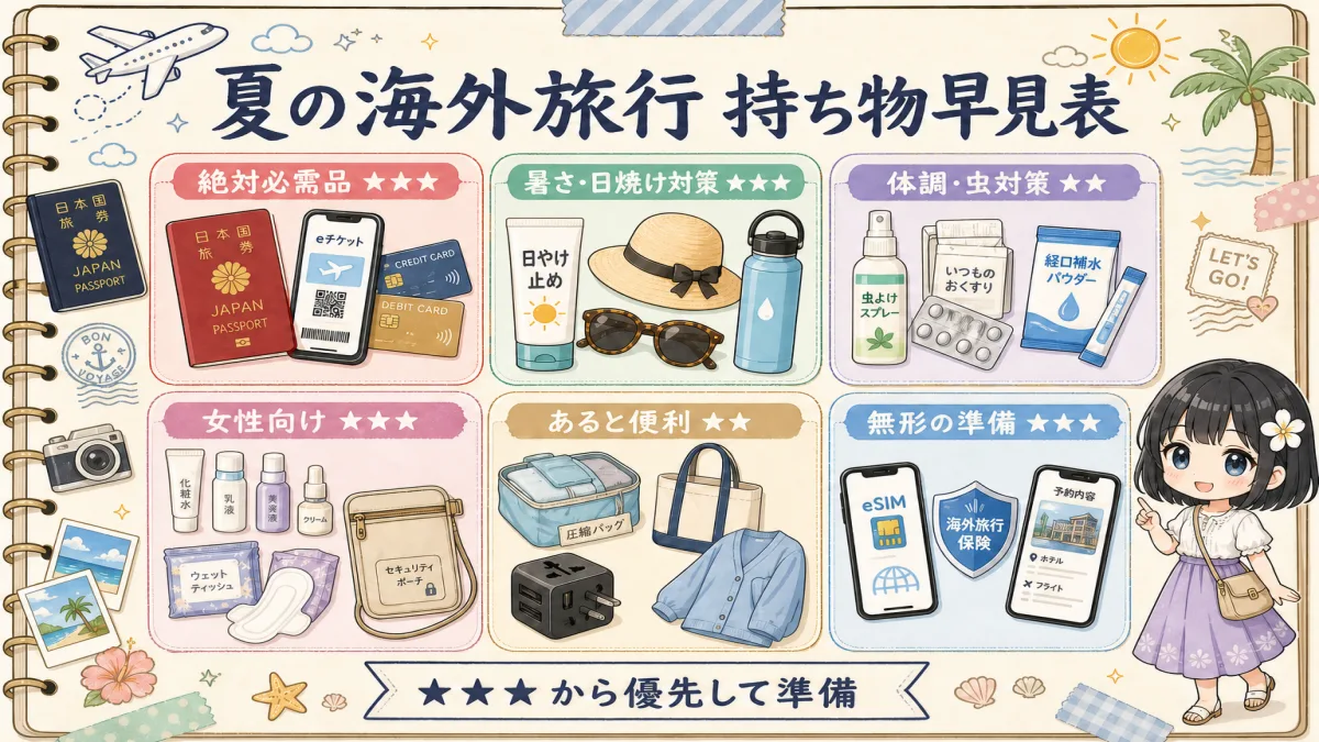 夏の海外旅行の持ち物を6カテゴリと重要度で示した早見表