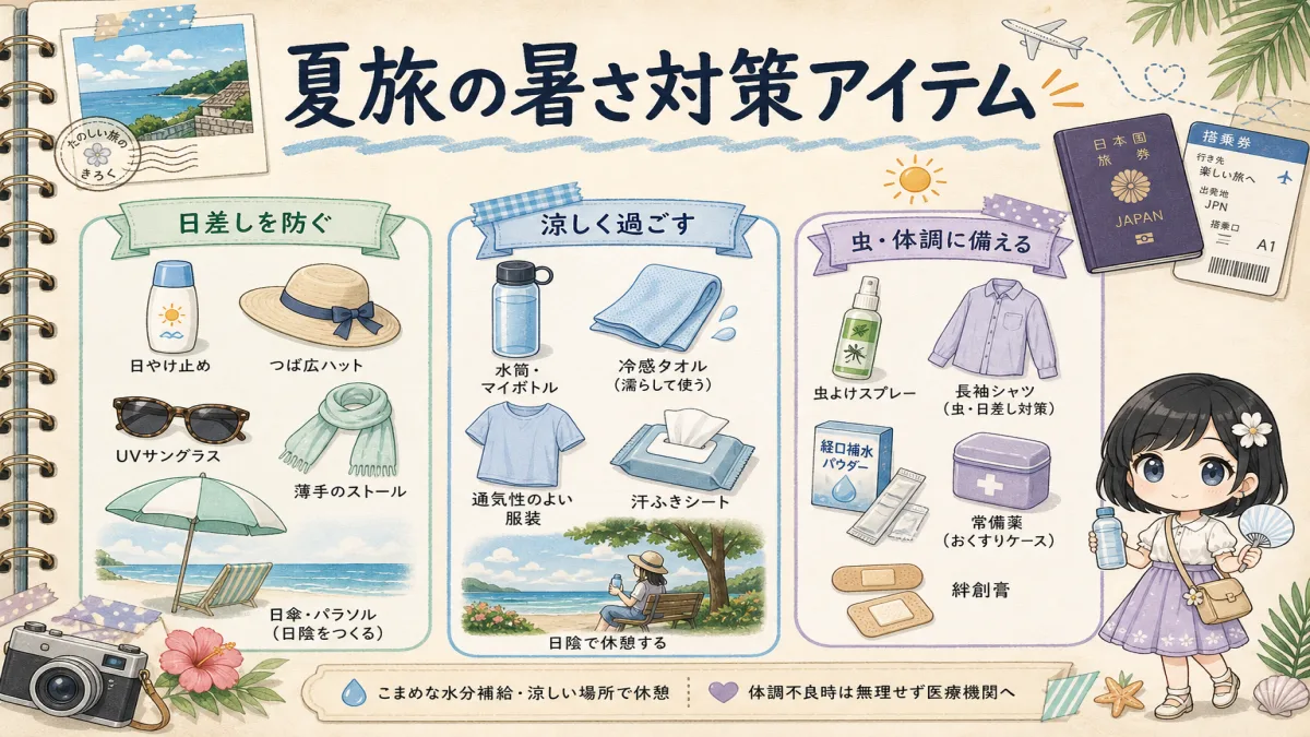 夏旅の暑さ対策を日差し、冷却、虫・体調の3群で示した図