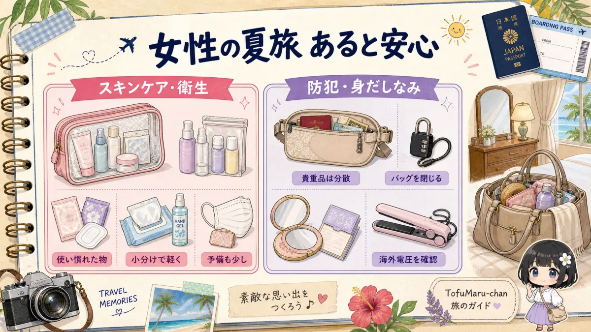 女性の夏旅で役立つスキンケア、衛生、防犯、身だしなみ用品の図