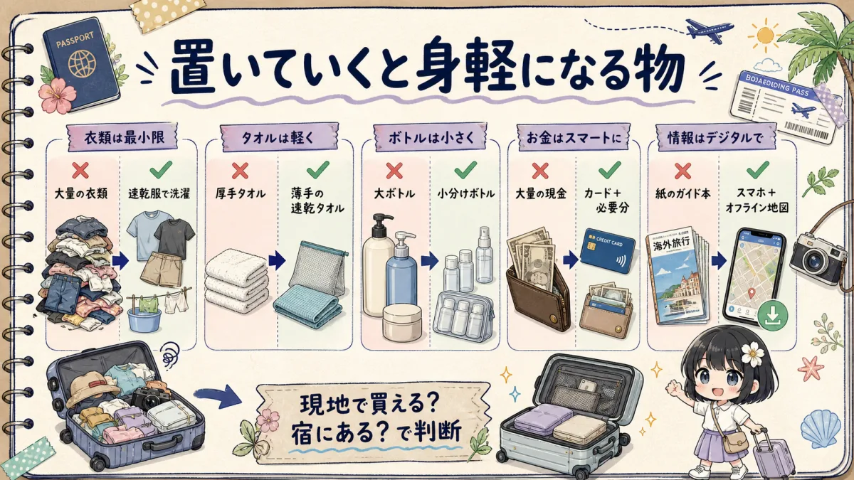 夏の海外旅行で減らせる持ち物と軽い代替案の比較図