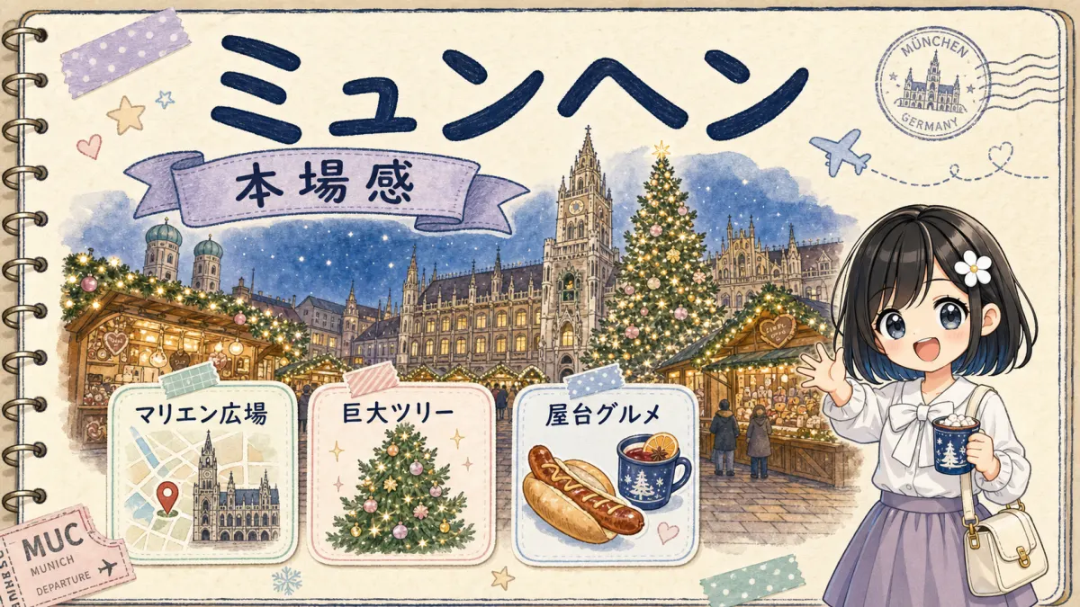 ミュンヘンのマリエン広場クリスマスマーケットを旅行ノート風に描いた挿絵