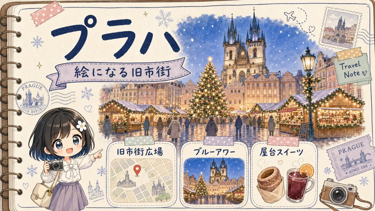 プラハ旧市街広場のクリスマスマーケットを旅行ノート風に描いた挿絵