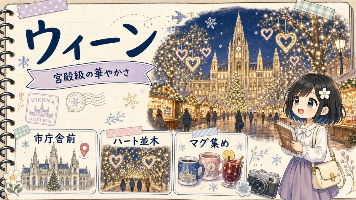 ウィーン市庁舎前のクリスマスマーケットとハート並木を旅行ノート風に描いた挿絵