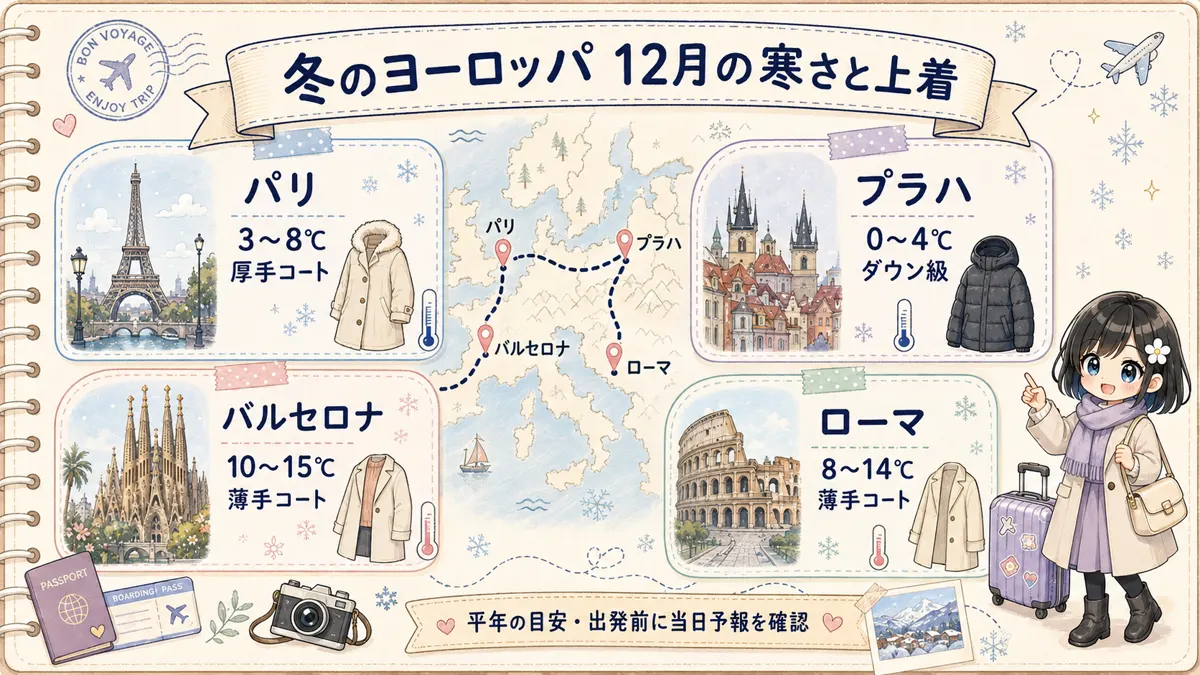 冬のヨーロッパ主要4都市(パリ・プラハ・バルセロナ・ローマ)の12月の気温目安と上着をまとめた地図風図解
