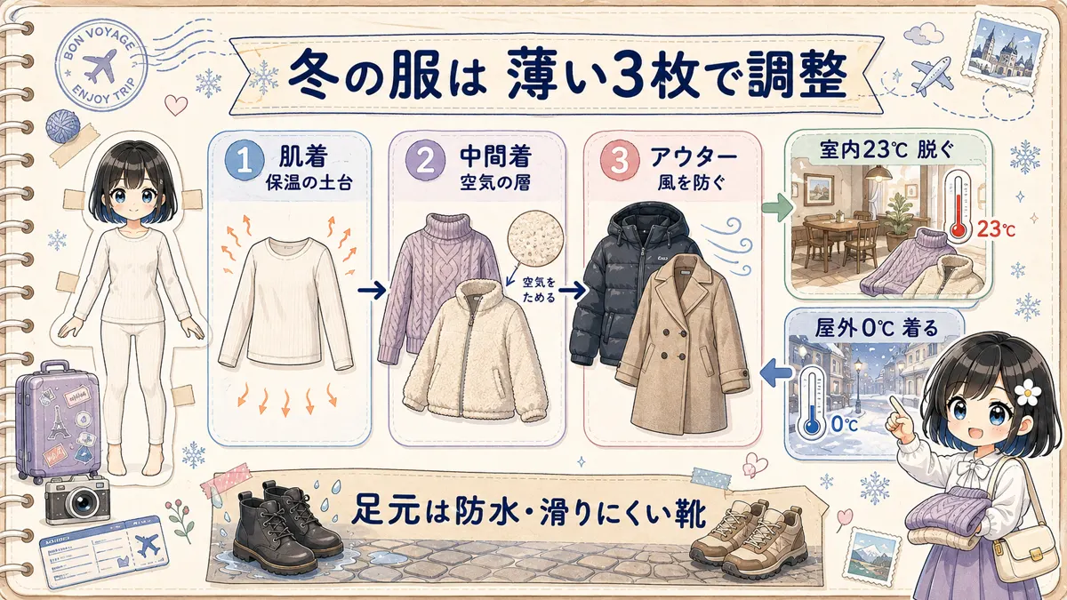 冬のヨーロッパで使う肌着・中間着・アウターの3層レイヤリングと室内外の脱ぎ着を示した図解