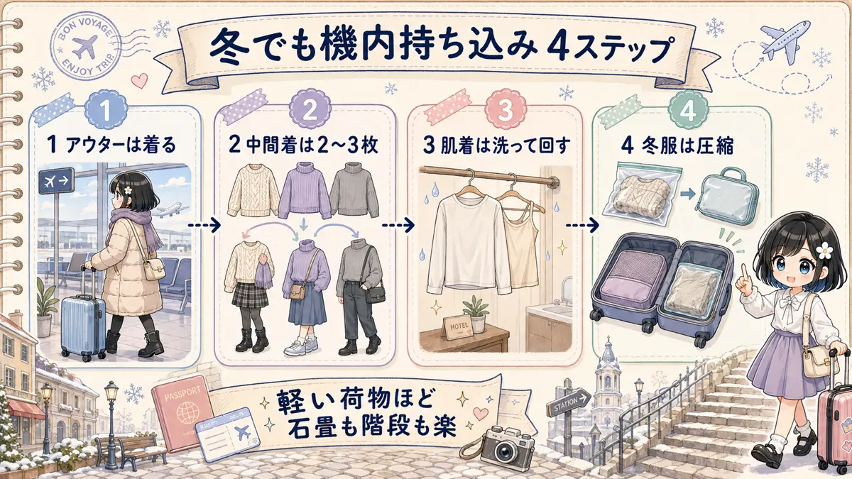 冬でも機内持ち込みにまとめるためのアウター着用・中間着着回し・肌着洗濯・冬服圧縮の4ステップ図解